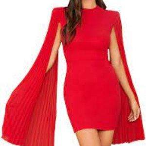Women's Cloak Long Sleeve Mini Cape Dress Mesh Pleated Split Short Bodycon Dress